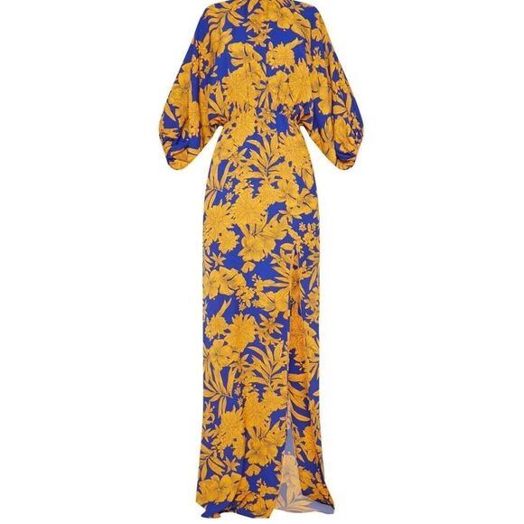 PrettyLittleThing Cobalt Tropical Print Batwing Split Leg Maxi Dress Sz 10 NWOT - Picture 2 of 11